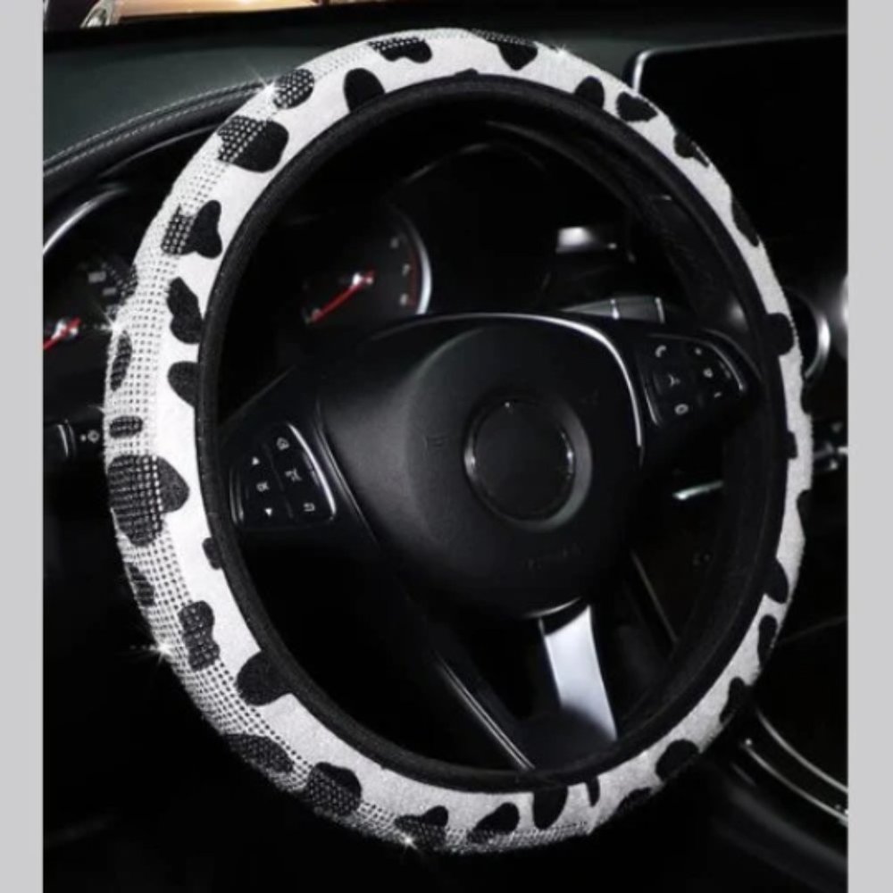 Fuzzy 15'' Cow Rhinestone Pattern/ Rhinestone Steer Wheel Cover